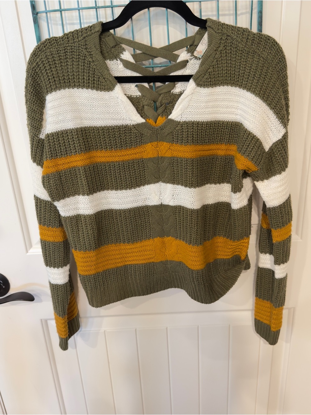 FCT with Love Striped Sweater Medium Olive Mustard Cream V-Neck Boho - Picture 2 of 8